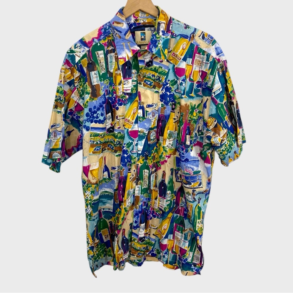 Vintage Kahala Multicolor Wine Hawaiian Print Button Down Shirt Size Large